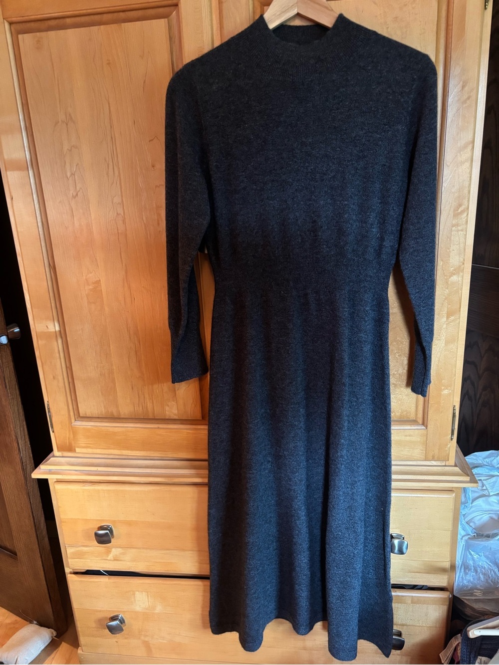 Long Sleeve Charcoal Cashmere Knit Midi Dress - Women's